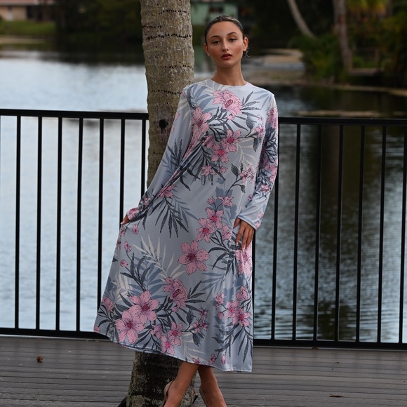 DEVORAH'S SECRET Modest Midi Dress Floral Light Blue &Pink / Regular& Plus sizes - Picture 2 of 5